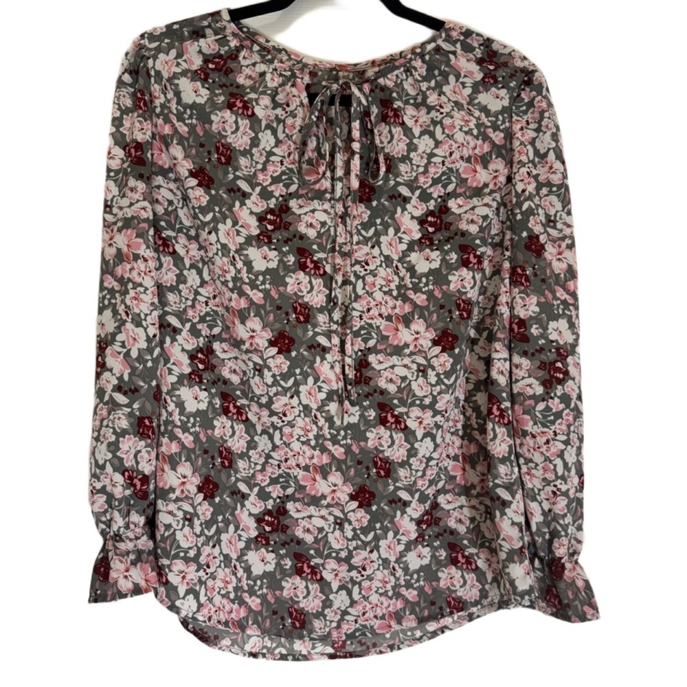 Gray Long Sleeve Tie Front Blouse with Floral Detail